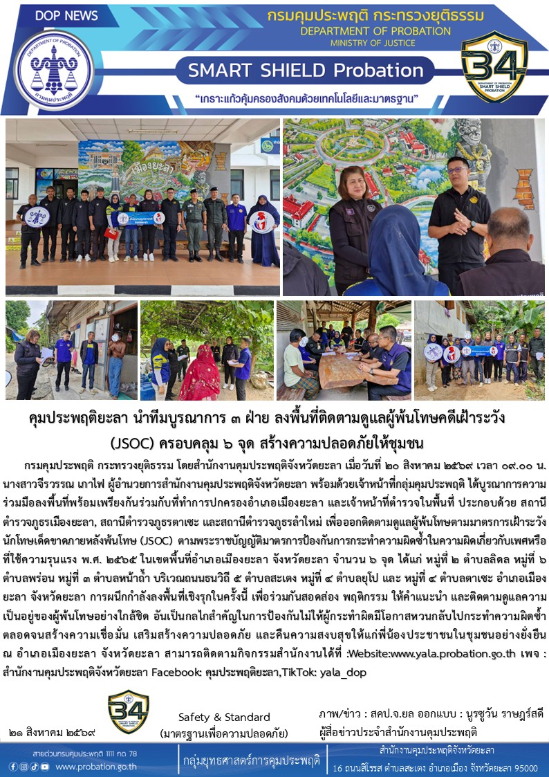 คุมประพฤติยะลา นำทีมบูรณาการ ๓ ฝ่าย ลงพื้นที่ติดตามดูแลผู้พ้นโทษคดีเฝ้าระวัง (JSOC) ครอบคลุม ๖ จุด สร้างความปลอดภัยให้ชุมชน